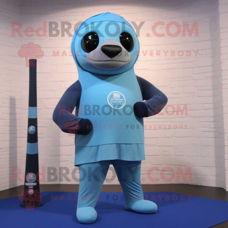 Sky Blue Navy Seal mascot costume character dressed with a Yoga Pants and Scarves Sky Blue Navy Seal mascot costume character dressed with a Yoga Pants and Scarves