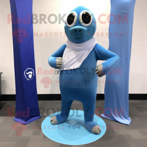 Sky Blue Navy Seal mascot costume character dressed with a Yoga Pants and Scarves