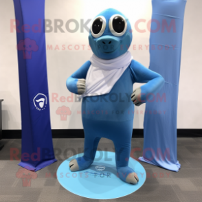 Sky Blue Navy Seal mascot costume character dressed with a Yoga Pants and Scarves