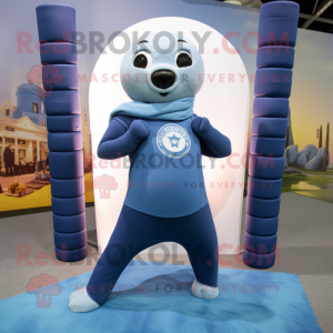 Sky Blue Navy Seal mascot costume character dressed with a Yoga Pants and Scarves