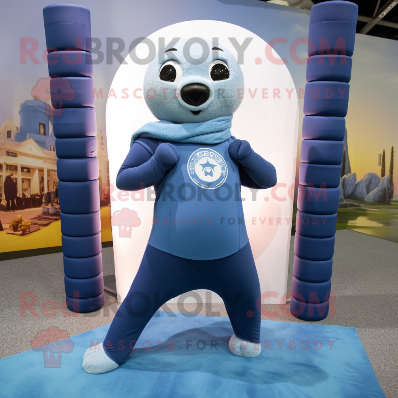 Sky Blue Navy Seal mascot costume character dressed with a Yoga Pants and Scarves Sky Blue Navy Seal mascot costume character dressed with a Yoga Pants and Scarves