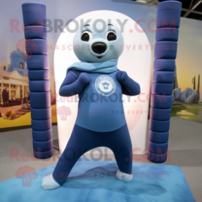 Sky Blue Navy Seal mascot costume character dressed with a Yoga Pants and Scarves