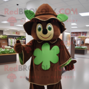 Brown Four Leaf Clover mascot costume character dressed with a Cover-up and Caps