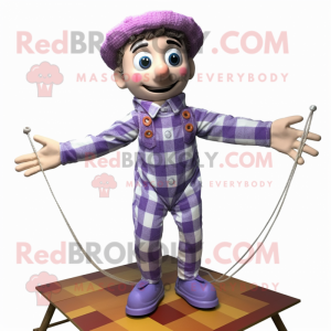 Lavender Tightrope Walker mascot costume character dressed with a Flannel Shirt and Rings