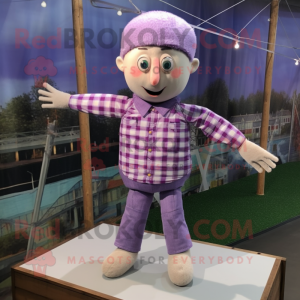 Lavender Tightrope Walker mascot costume character dressed with a Flannel Shirt and Rings