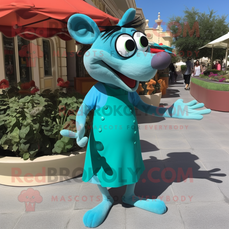 Turquoise Ratatouille mascot costume character dressed with a Sheath Dress and Sunglasses