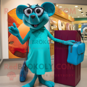 Turquoise Ratatouille mascot costume character dressed with a Sheath Dress and Sunglasses