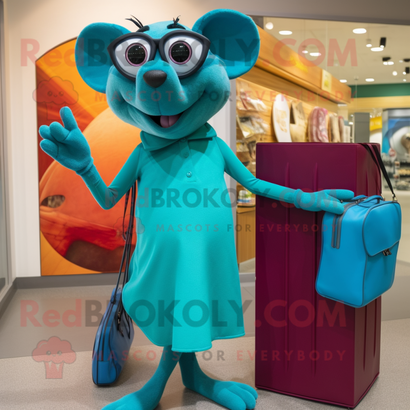 Turquoise Ratatouille mascot costume character dressed with a Sheath Dress and Sunglasses Turquoise Ratatouille mascot costume character dressed with a Sheath Dress and Sunglasses