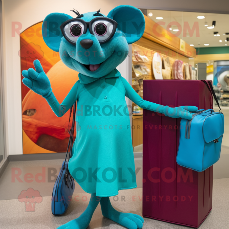 Turquoise Ratatouille mascot costume character dressed with a Sheath Dress and Sunglasses