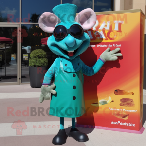 Turquoise Ratatouille mascot costume character dressed with a Sheath Dress and Sunglasses