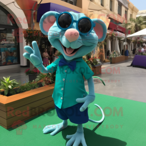 Turquoise Ratatouille mascot costume character dressed with a Sheath Dress and Sunglasses