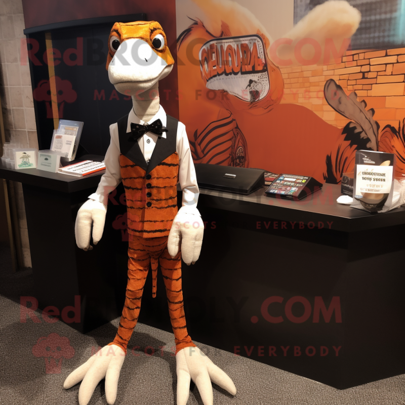 Rust Coelophysis mascot costume character dressed with a Tuxedo and Bracelets Rust Coelophysis mascot costume character dressed with a Tuxedo and Bracelets