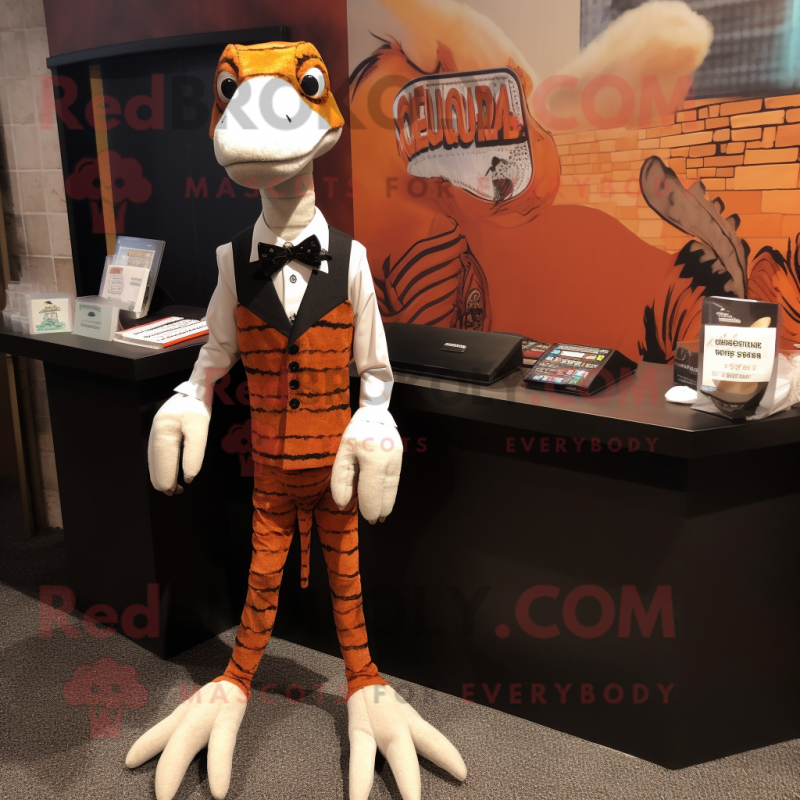 Rust Coelophysis mascot costume character dressed with a Tuxedo and Bracelets