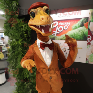 Rust Coelophysis mascot costume character dressed with a Tuxedo and Bracelets