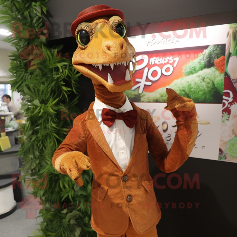 Rust Coelophysis mascot costume character dressed with a Tuxedo and Bracelets Rust Coelophysis mascot costume character dressed with a Tuxedo and Bracelets