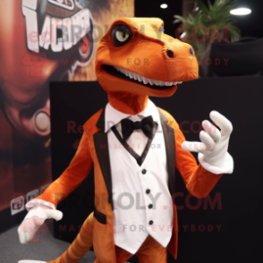 Rust Coelophysis mascot costume character dressed with a Tuxedo and Bracelets