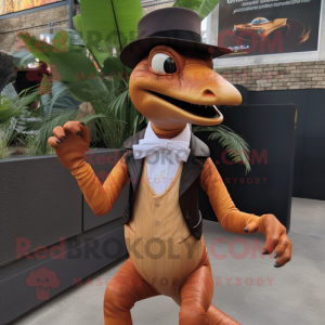Rust Coelophysis mascot costume character dressed with a Tuxedo and Bracelets