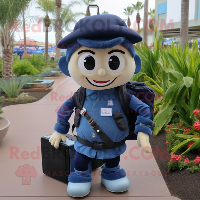 Navy Computer mascot costume character dressed with a Chambray Shirt and Backpacks