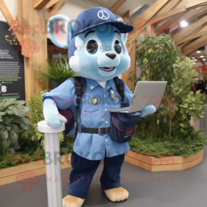 Navy Computer mascot costume character dressed with a Chambray Shirt and Backpacks