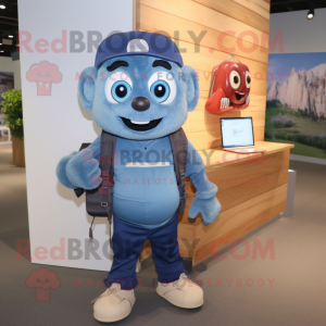 Navy Computer mascot costume character dressed with a Chambray Shirt and Backpacks