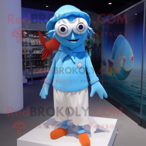 Sky Blue Clown Fish mascot costume character dressed with a Chinos and Eyeglasses