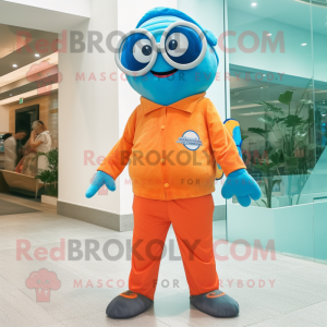 Sky Blue Clown Fish mascot costume character dressed with a Chinos and Eyeglasses