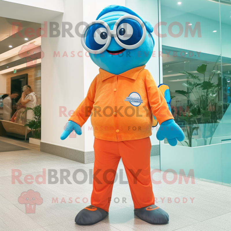 Sky Blue Clown Fish mascot costume character dressed with a Chinos and Eyeglasses Sky Blue Clown Fish mascot costume character dressed with a Chinos and Eyeglasses