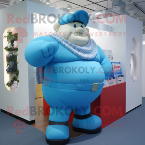 Sky Blue Strongman mascot costume character dressed with a Cardigan and Caps