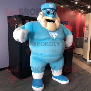 Sky Blue Strongman mascot costume character dressed with a Cardigan and Caps