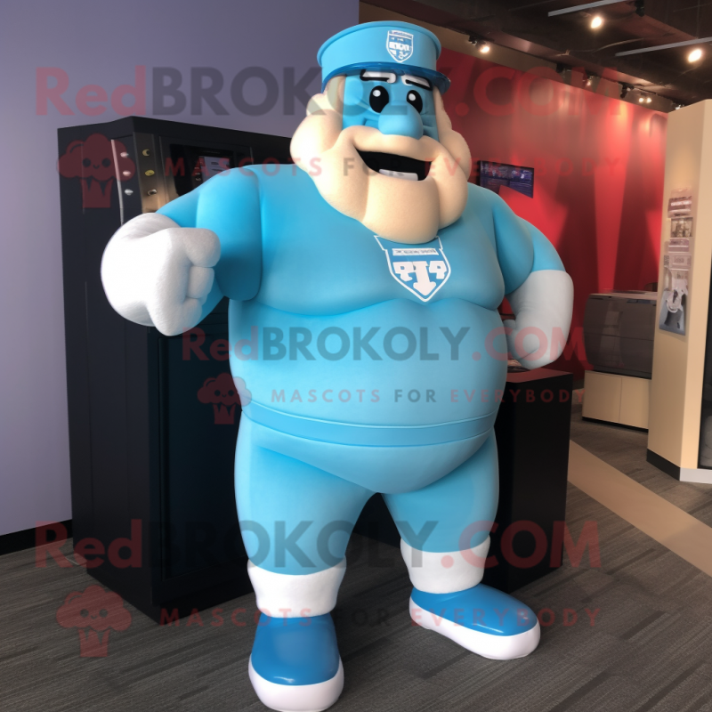 Sky Blue Strongman mascot costume character dressed with a Cardigan and Caps