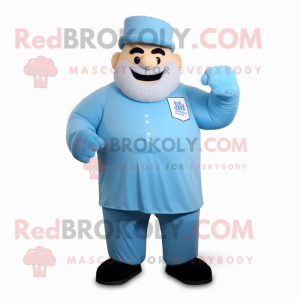 Sky Blue Strongman mascot costume character dressed with a Cardigan and Caps