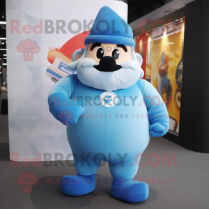 Sky Blue Strongman mascot costume character dressed with a Cardigan and Caps