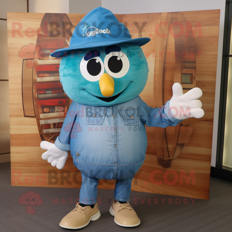 Teal Shakshuka mascot costume character dressed with a Denim Shirt and Hats Teal Shakshuka mascot costume character dressed with a Denim Shirt and Hats