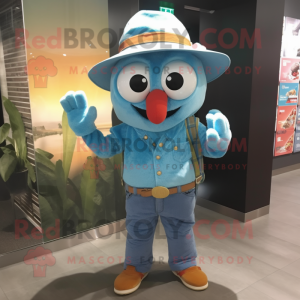 Teal Shakshuka mascot costume character dressed with a Denim Shirt and Hats