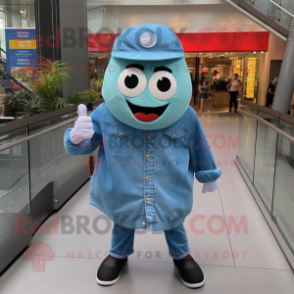 Teal Shakshuka mascot costume character dressed with a Denim Shirt and Hats