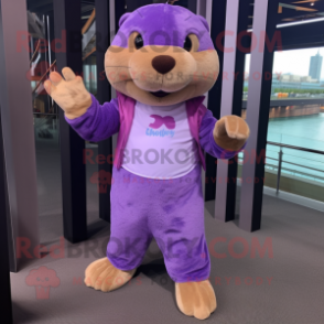 Purple Otter mascot costume character dressed with a Blouse and Shoe laces