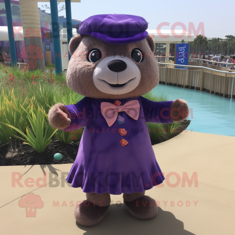 Purple Otter mascot costume character dressed with a Blouse and Shoe laces