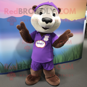 Purple Otter mascot costume character dressed with a Blouse and Shoe laces