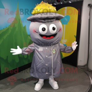 Gray Burgers mascot costume character dressed with a Raincoat and Clutch bags