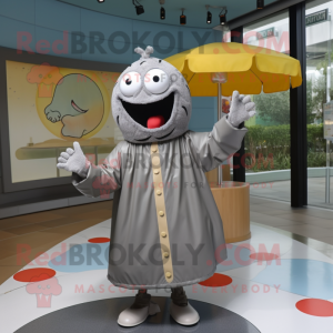 Gray Burgers mascot costume character dressed with a Raincoat and Clutch bags