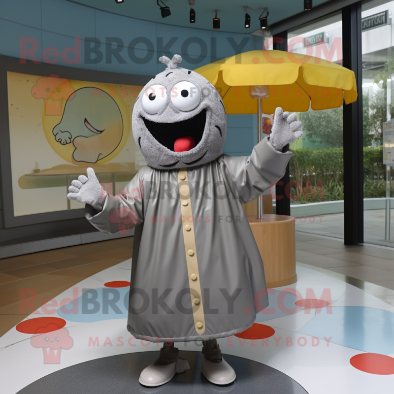Gray Burgers mascot costume character dressed with a Raincoat and Clutch bags Gray Burgers mascot costume character dressed with a Raincoat and Clutch bags