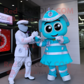 Turquoise Fire Fighter mascot costume character dressed with a Wedding Dress and Smartwatches