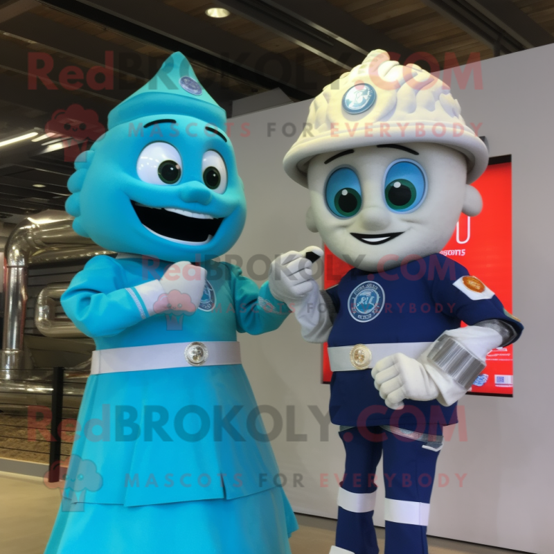 Turquoise Fire Fighter mascot costume character dressed with a Wedding Dress and Smartwatches