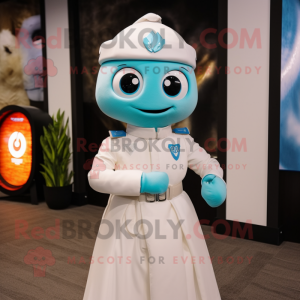 Turquoise Fire Fighter mascot costume character dressed with a Wedding Dress and Smartwatches