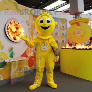 Lemon Yellow Fire Eater mascot costume character dressed with a Playsuit and Coin purses