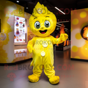 Lemon Yellow Fire Eater mascot costume character dressed with a Playsuit and Coin purses