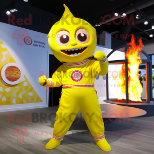 Lemon Yellow Fire Eater mascot costume character dressed with a Playsuit and Coin purses