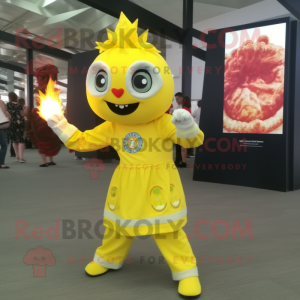 Lemon Yellow Fire Eater mascot costume character dressed with a Playsuit and Coin purses