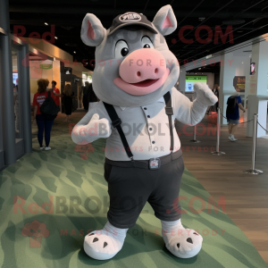 Gray Pig mascot costume character dressed with a Joggers and Suspenders