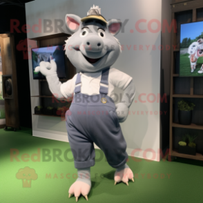 Gray Pig mascot costume character dressed with a Joggers and Suspenders